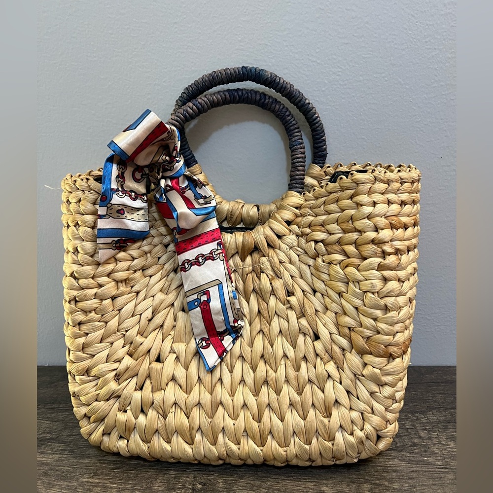 Woven Straw Tote Bag with Scarf Accent